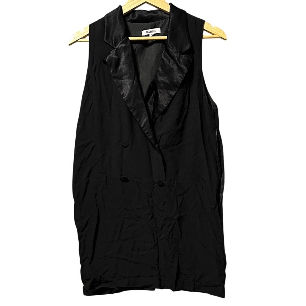 BB Dakota Blazer Dress Women 8 Black Satin Lapel Sleeveless Double Breasted
